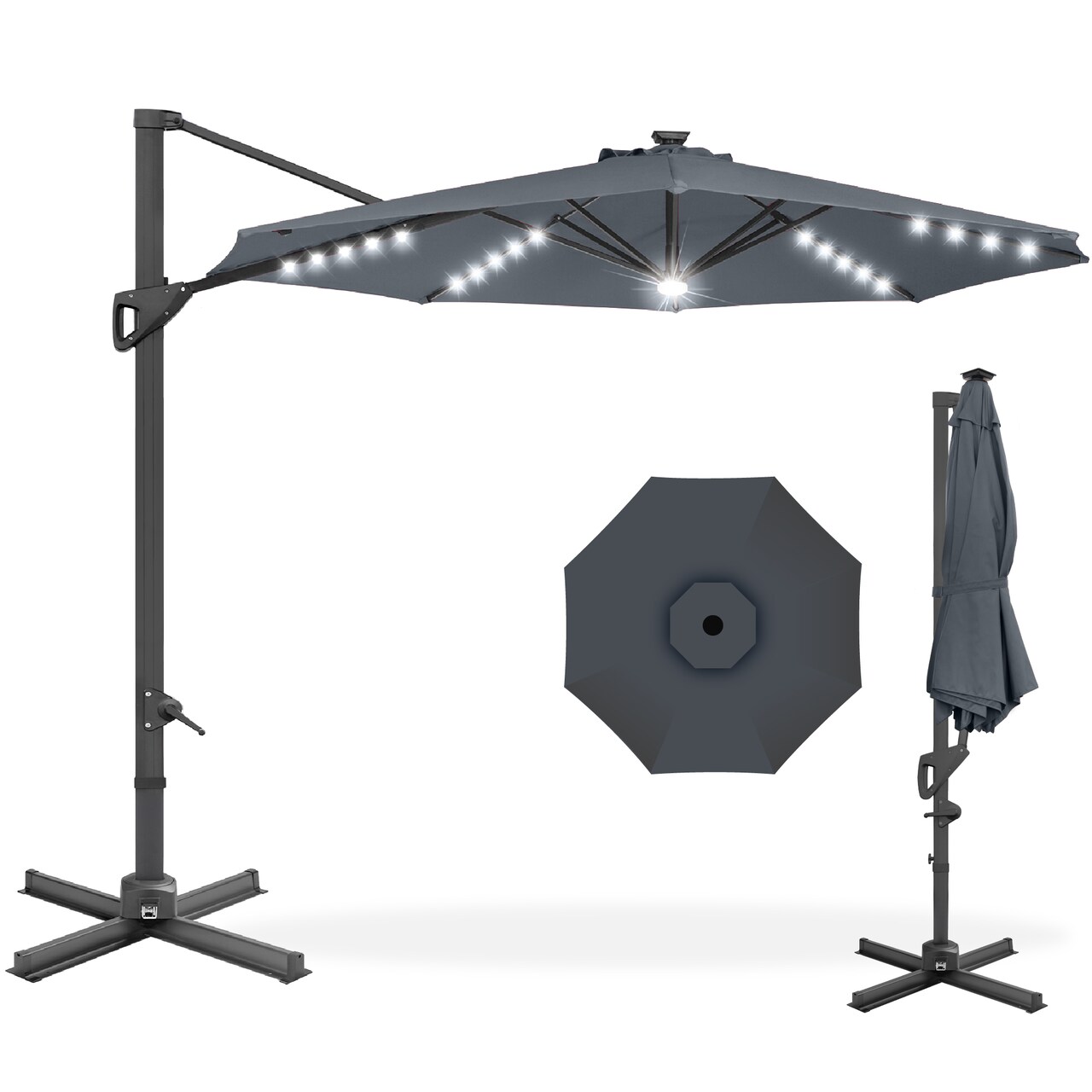 Best Choice Products 10ft 360-Degree Solar LED Lit Cantilever Patio Umbrella, Outdoor Hanging Shade